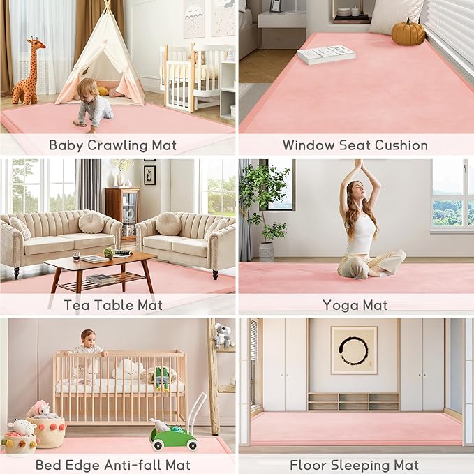 Baby Play Mat for Floor Tummy Time Mat Nursery Rug Muscle Area Rug Playroom Tatami 79"x138" Memory Foam 1.3" Thick Crawling For Babies,Toddlers, Infants, Kids,Floor(Pink)-CubbioJoy