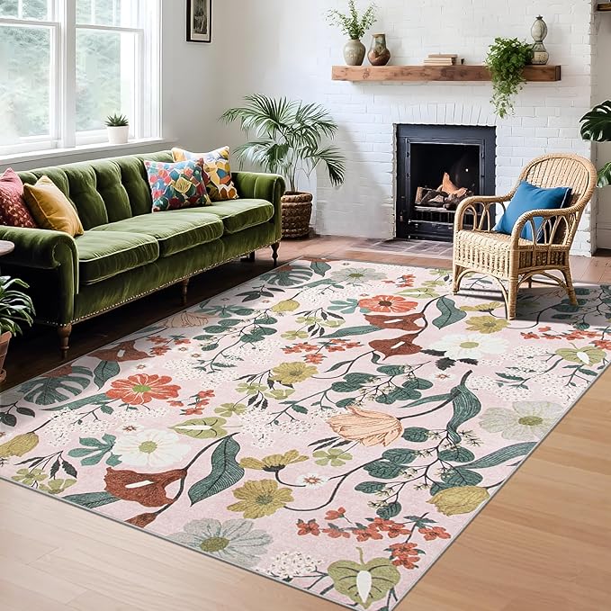 Area Rug Living Room Rugs: 6x9 Washable Rug Vintage Floral Soft Boho Non Slip Carpet Indoor Floor Non Shedding Low Pile Thin Carpets for Bedroom Dining Room Farmhouse Nursery Home Office Light Pink-CubbioJoy