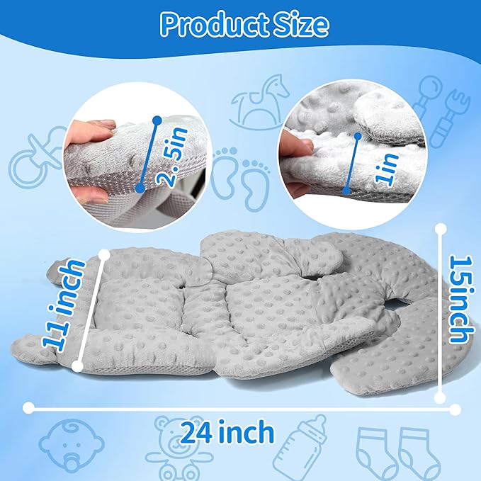 3in1 Baby CarSeat Head Support for Infant, Reversible Soft Infant Car Seat Insert Newborn Boy Girl, Breathable Cotton Head Body Support Pillow Cushion,Stroller,Swing,Bouncer,Baby Registry,Grey-CubbioJoy