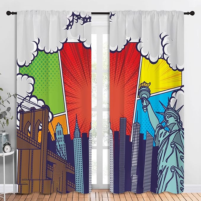 City Rod Pocket Blackout Curtains for Boy Girl Bedroom, Pop Art Style New York Cityscape Thermal Insulated Home Window Drapes for Living Room Darkening, 84x72 inch-CubbioJoy