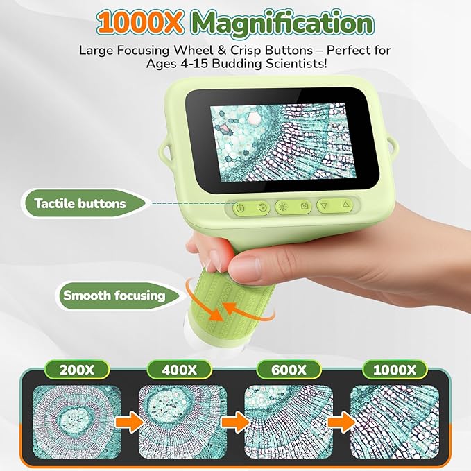 3.0" Screen Digital Microscope for Kids: 1000X Rechargeable Mini Pocket Portable Miniscope Magnifying Glass 4K Coin Jewelry Loupe Edu Science STEM Toy Xmas Gift 4-12 Boys Girls-CubbioJoy