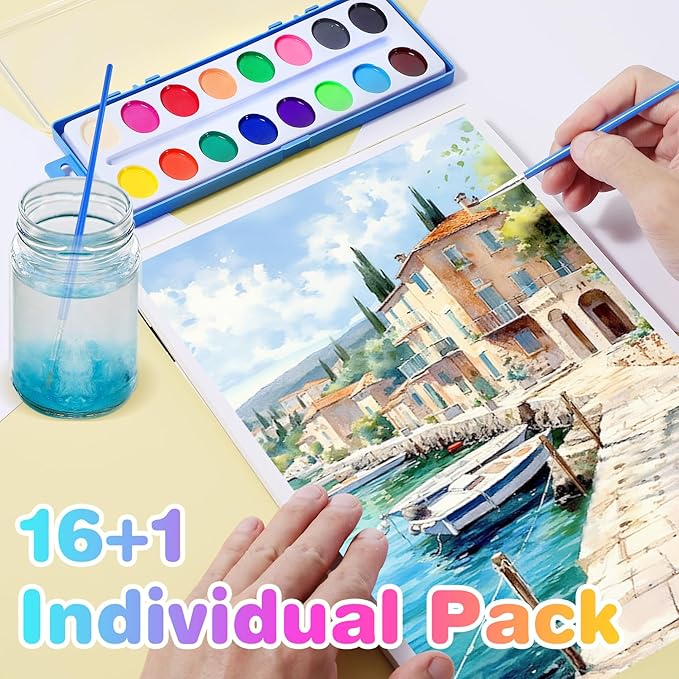 15 Pack Watercolor Paint Set for Kids, 16 Colors Washable Water Colors with Paint Brushes, Washable for Classroom Party Favor Art Activities-CubbioJoy