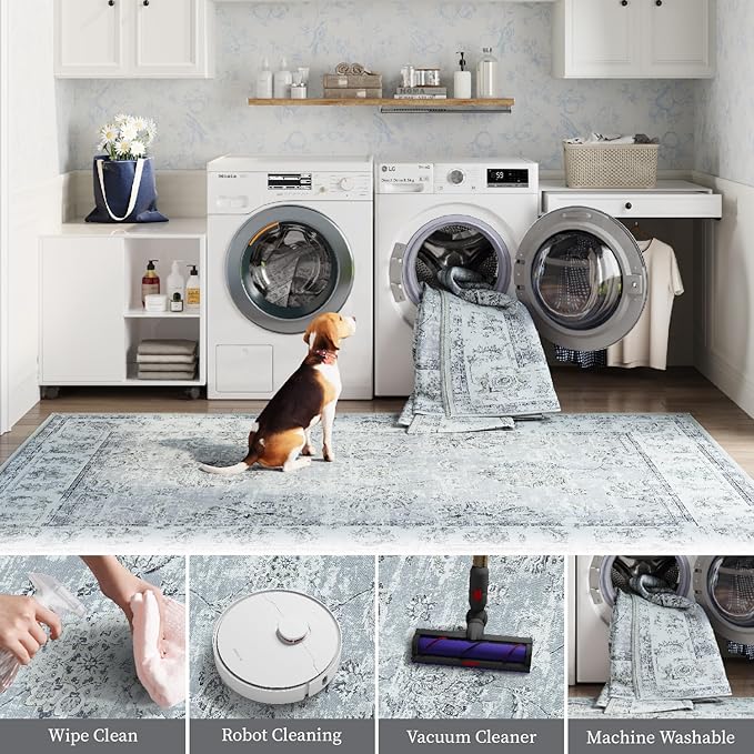 jinchan Runner Rug 2x5 Washable Hallway Runner- Vintage Floral Non Slip Low-Pile Soft Thin Kitchen Rug Distressed Carpet for Farmhouse Bedroom Entryway Laundry Room(2x5ft,Grey)-CubbioJoy