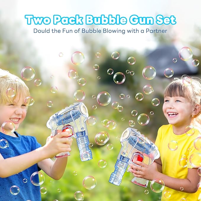 Kid Odyssey 2 Pack Bubble Gun with 4 Refill Solution and 3 Colorful LED Light, Bubble Machine for Kids, Bubble Maker for Party Favors, Birthday Gift, Indoor Outdoor Toys for Toddlers-CubbioJoy
