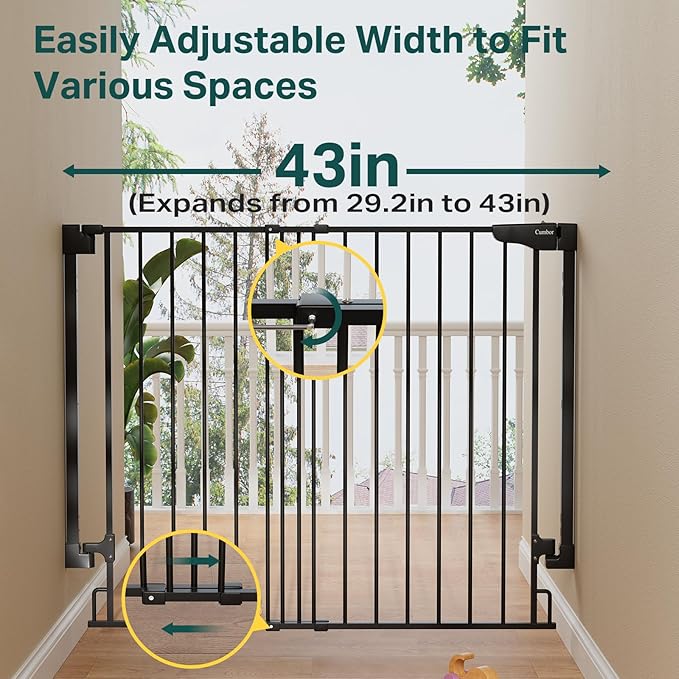 Cumbor 34" Extra Tall No Bottom Bar Baby Gate for Stairs, Auto Close Dog Gate Indoor for Larger Pets, 29.2-43" Hardware Mounted Safety Gate for Doorways, Wide Walk Thru Door for Easy Access (Black)-CubbioJoy