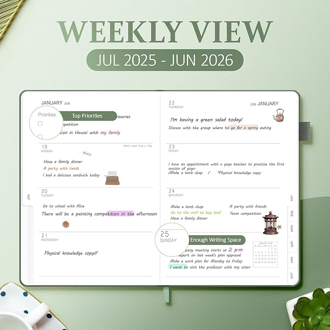 2025-2026 Planner for Women, Lather Weekly & Monthly Organizer, July 2025-June 2026, Hardcover with Gold Foil, Tabs, and Inspirational Pages - Ideal for Professionals, Green-CubbioJoy