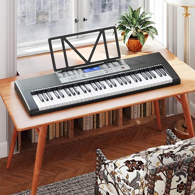 61 Key Piano Keyboard, Electric Keyboard Piano with Light-Up Keys, 255 Tones/Rhythms, Smart Learning System, Headphone, Microphone, Keyboard Stand, Stool, Stickers, Piano Keyboard Set for Beginners-CubbioJoy
