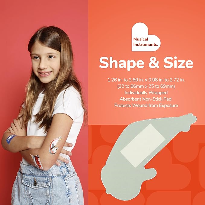 BioSwiss Bandages, Musical Instruments Shaped Self Adhesive Bandage, Latex Free Sterile Wound Care, Fun First Aid Kit Supplies for Kids and Adults, 50 Count-CubbioJoy