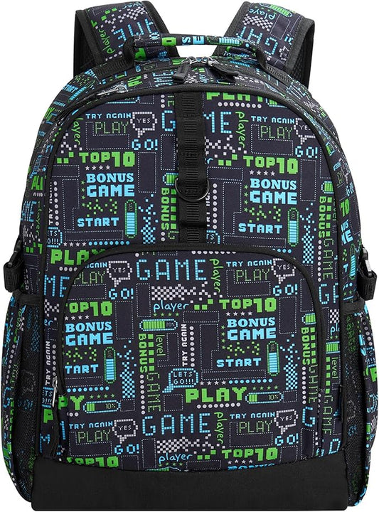 Choco Mocha Gamer Backpack for Boys, Elementary School Backpack for Boys Ages 6-8 Kids Kindergarten Backpack Bookbag 17 Inch with Chest Strap, Black-CubbioJoy