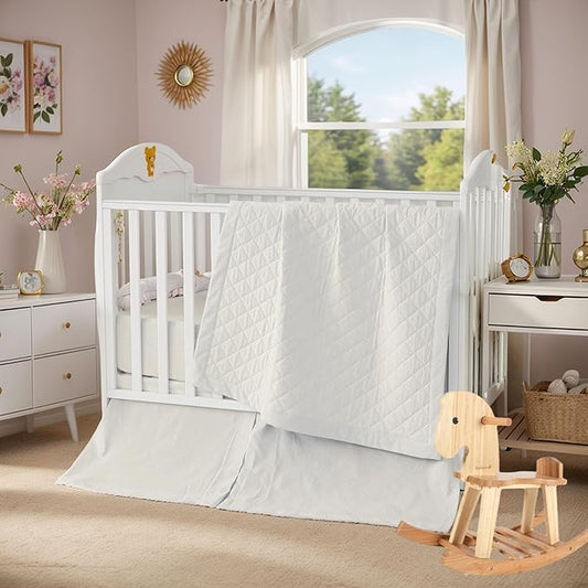 Brandream White Crib Bedding Set 6 Pieces Baby Nursery Collection with 2 packs Window Valance,Quilt,Crib Sheet,Dust Ruffle-100% Washed Cotton Like Linen Supersoft Classic Quilted Plaid Off White Cream-CubbioJoy