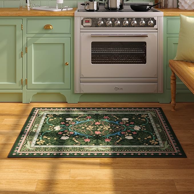 Door Mat Indoor Entrance 2x3 Rug Machine Washable Vintage Floral Botanical Small Area Rug Non-Slip Low Pile Throw Rugs for Entryway, Kitchen, Front Door Entrance, Entry, Kids Room, Green-CubbioJoy