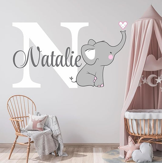 Decor Designs Decals Girls Nursery Baby Grey and Pink Elephant Custom Name Personalized Wall Decal Sticker for Playroom Decor or Baby's Room (Multi-Sizes) (Name with Initial)-CubbioJoy