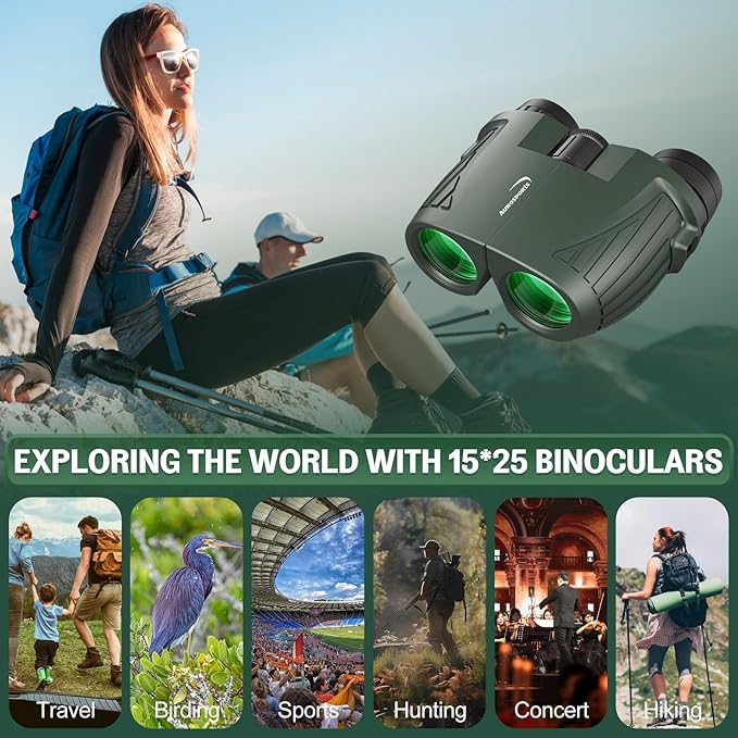Aurosports 15x25 Compact Binoculars for Adult Kids - High Power Binoculars for Bird Watching - Easy Focus Small Binocular with Low Light Vision for Travel, Camping, Concert, Hiking -Green-CubbioJoy