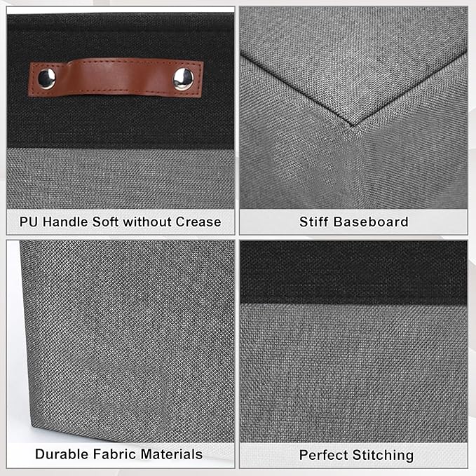 13x13 Cube Storage Bins, Collapsible Fabric Storage Box, 4 Pack Closet Baskets with Handles for Organizing, Shelf, Toys, Clothes, Home, Office, Nursery (Grey&Black)-CubbioJoy