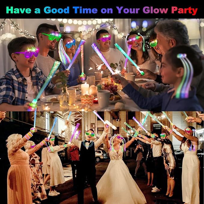 290 PCS Glow in the Dark Party Supplies, 200 Glow Sticks, 24 Fiber Optic Wands, 15 LED Glasses, 33 Finger Lights and 18 LED Hair Clips for Wedding, Birthday, Concert, Raves, New Year-CubbioJoy