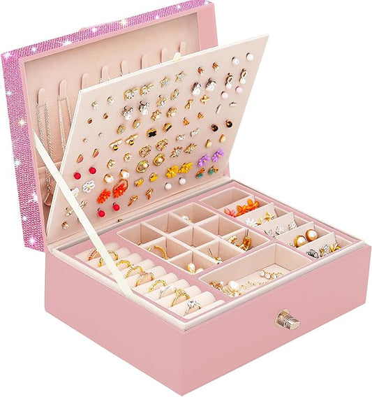 Jewelry Box for Earrings for Girls Jewelry Organizer Box Earring Holder Organizer for Girls Earring Box Jewelry Box Stud Earring Organizer for Girls Earring Jewelry Boxes for Women Pink Bling-CubbioJoy