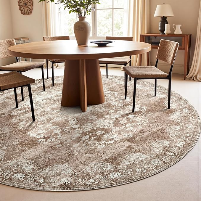 jinchan Round Rug 8ft Area Rug - Brown Vintage Floor Mat Kitchen Indoor - Washable Circle 8' Thin Floral Print Carpet Retro Farmhouse Non Slip Dining Room Living Room Bedroom Office-CubbioJoy