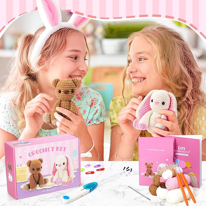 Crochet Kit for Beginners, Bunny and Bear Crochet Animal Kit with Step-by-Step Video Tutorials, Crocheting Kit for Starters, Beginner Crochet Kit for Kids and Adults, DIY Stuffed Animal Knitting Kit-CubbioJoy