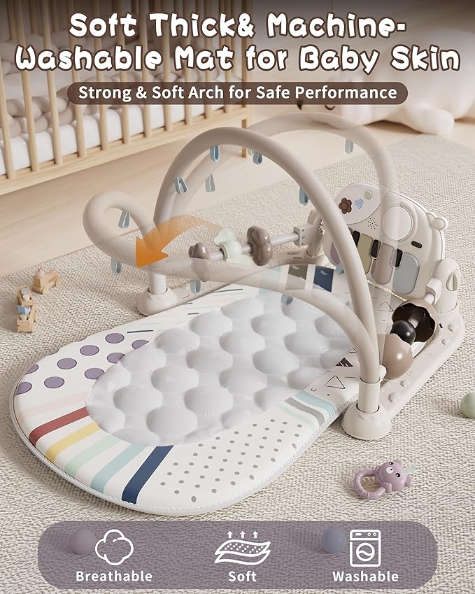 Baby Gym with Kick and Play Piano, Baby Play Mat Tummy Time Activity Gym Mat with 5 Infant Sensory, Music & Lights Boy or Girl for Newborn 0 to 3 6 9 12 Months-CubbioJoy