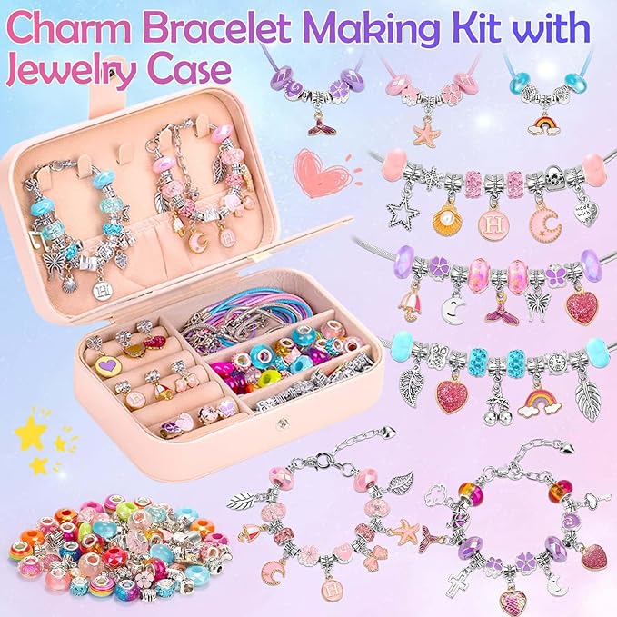 Bracelet Making Kit for Girls with Bracelet Box Charm Beads Pendants for Jewelry Making Craft Kit for Teen Girls Age 8-12 Kids Gifts Toys Birthday Valentine Christmas-CubbioJoy