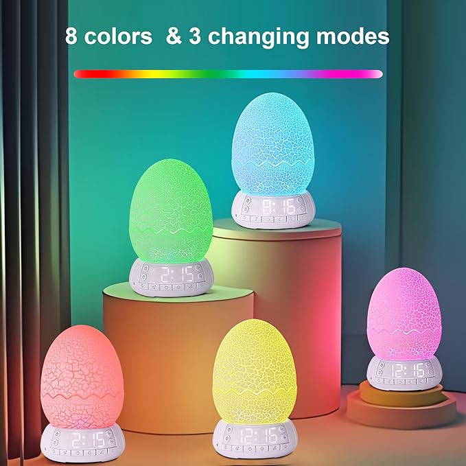 Dinosaur Egg Shape Touch Control Night Light with Pattern Inside, Digital Alarm Clock with Wake Up Light, 20 Soothing Sleep Training Sound and Bluetooth Speaker Box (2025 Style)-CubbioJoy