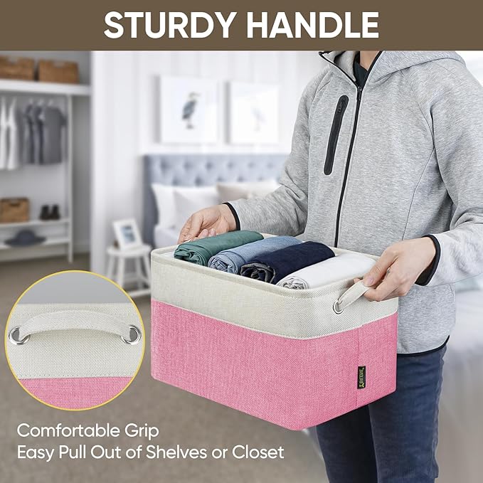 BALEINE 1 Pack Fabric Storage Bins for Shelves, Linen Storage Baskets for Organizing, Decorative Closet Bins for Clothes, Home (Pink, 15''x11''x9.5'')-CubbioJoy