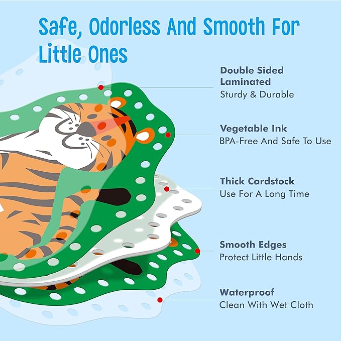 9 Pieces Kids Lacing Cards, Double Sided Sewing Cards in 9 Wild Animals with 9 Colorful Laces, Imagination Development Lacing Toys Games for Children Educational and Learning Activity-CubbioJoy