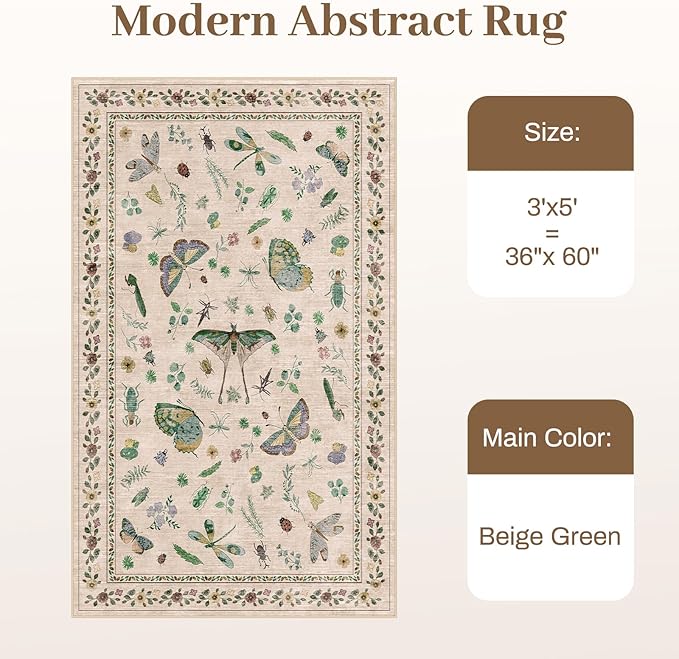 3x5 Washabl Rug with Insect Print - Bug Rug Non-Shedding Stain Resistant Soft Small Carpet for Bedroom, Low Pile Ultra-Thin Machine Washable Carpet for Nursery,Entrance, Office (3'x5' Beige)-CubbioJoy