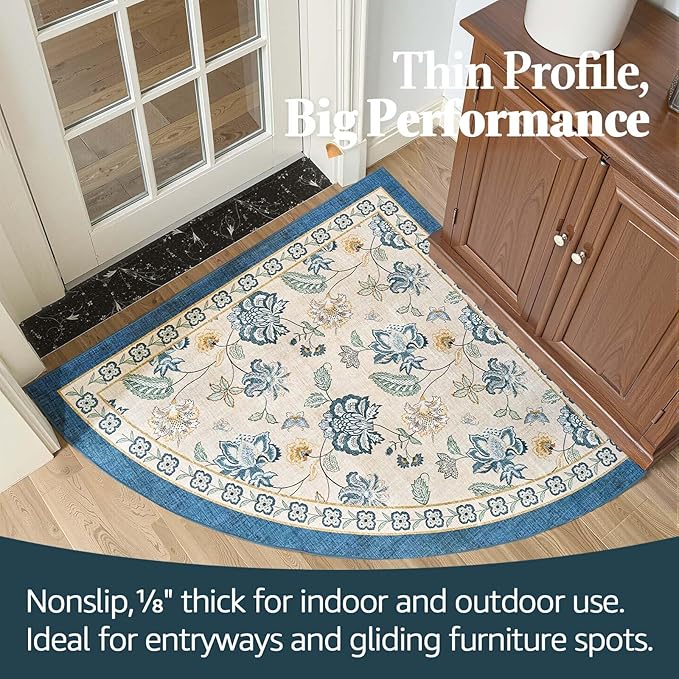 jinchan Floral Corner Rug for Entryway Washable Kitchen Rug Vintage Romance Design Non Slip Quarter Circle Lightweight Low-Pile Throw Carpet for Playroom Reading Nook Nursery, 4ft Radius, Blue/Beige-CubbioJoy