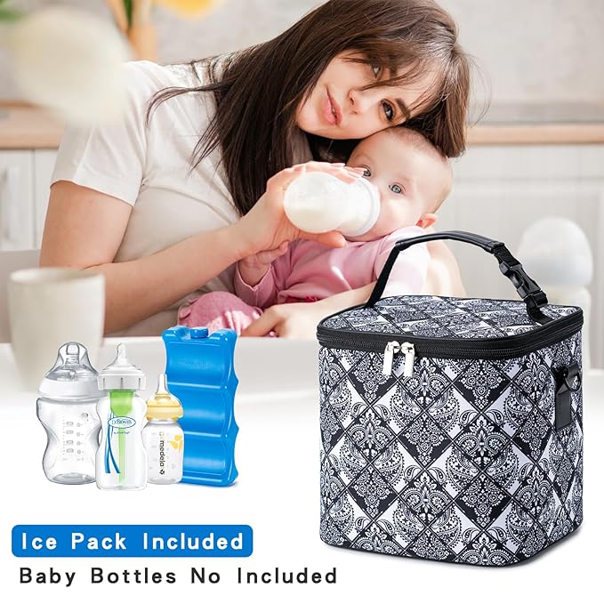Breastmilk Cooler Bag with Ice Pack Fits 6 Baby Bottles Up to 9 Ounce, Baby Bottle Bag with Shoulder Strap for Nursing Mom Daycare, Black-CubbioJoy