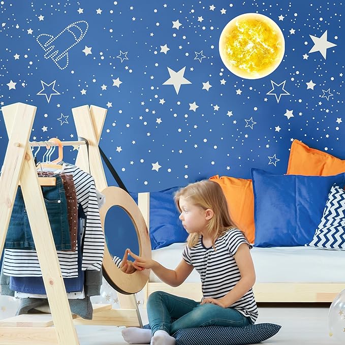 965 PCS Glow in The Dark Stars and Sun for Ceiling, Luminous Stars and Planet Wall Decals, Kids Room Decor, Glowing Galaxy Wall Stickers for Nursery Decorations (Blue)-CubbioJoy