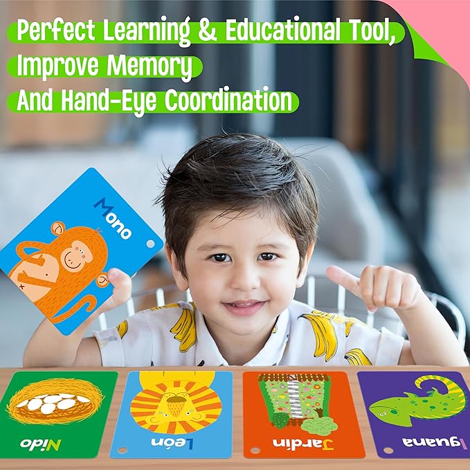 51 PCS Spanish Baby Cognitive Flashcards, Double Sided Printed 7 in 1 Colorful Cards Alphabet, Numbers, Foods, Animals, Shapes, Colors with 2 Reclosable Rings, Learning Tool for Toddlers-CubbioJoy