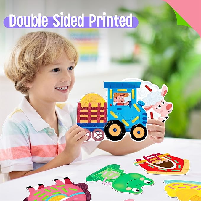 9 PCS Farm Theme Lacing Cards, 9 Double Sided Sewing Cards with 9 Colorful Laces, Imagination Development Lacing Toys Educational and Learning Activity for Preschoolers, Kids-CubbioJoy