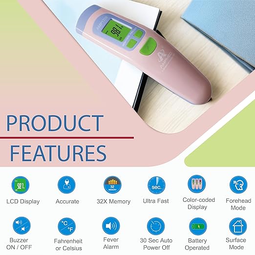 Amplim Non-Contact Forehead Thermometer for Adults, Kids & Infants | Ampmed No-Touch Medical Grade Temporal Fever Thermometer with Case, Nurse Accessories for Work, FDA-Cleared Pink Termometro Digital-CubbioJoy
