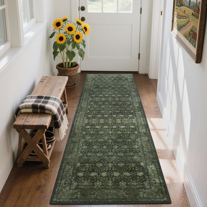 2'6x8' Washable Runner Rug for Hallway, Non Slip Vintage Floral Long Carpet Runners for Entryway, Kitchen, Bathroom, Bedroom, Low Pile Laundry Rugs Rubber Backing (Distressed Green)-CubbioJoy