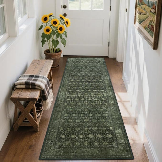 2'6x8' Washable Runner Rug for Hallway, Non Slip Vintage Floral Long Carpet Runners for Entryway, Kitchen, Bathroom, Bedroom, Low Pile Laundry Rugs Rubber Backing (Distressed Green)-CubbioJoy