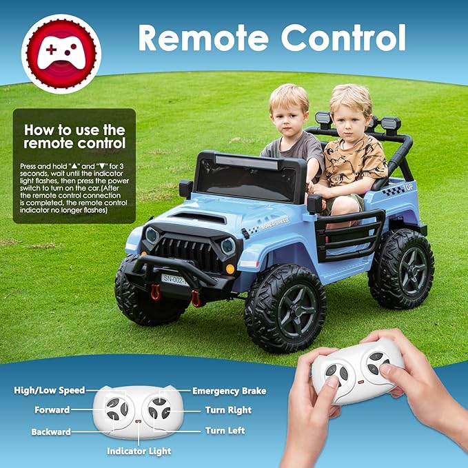 24V 2 Seater Ride On Truck with Remote Control 4WD Electric Car for Kids Ride On Car Battery Powered Ride On Toy Car with Music Player, LED Lights, Bluetooth, Rear Shock Absorber, Gray Blue-CubbioJoy