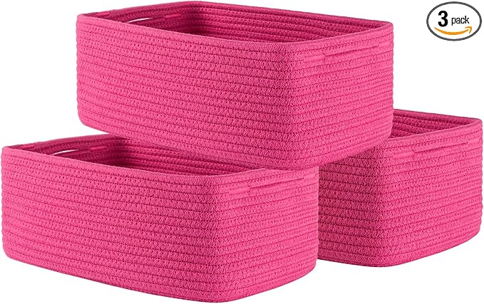 KALLAX Small Woven Basket, 13.5 x 9.5 x 5 Inches, Storage Basket for Organizing, Cute Small Rope Shelf Closet Cube Storage Bins Baskets for Shelves, Dog Toy Gift Baskets Empty, 3 Packs, Hot Pink-CubbioJoy