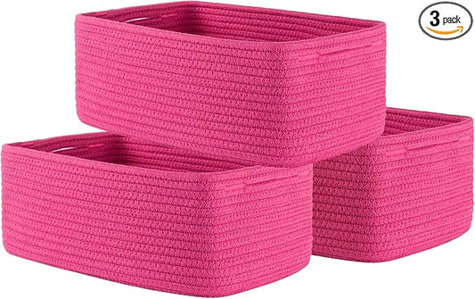 KALLAX Small Woven Basket, 13.5 x 9.5 x 5 Inches, Storage Basket for Organizing, Cute Small Rope Shelf Closet Cube Storage Bins Baskets for Shelves, Dog Toy Gift Baskets Empty, 3 Packs, Hot Pink-CubbioJoy