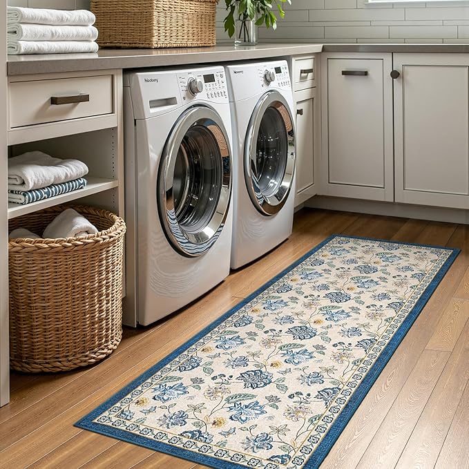 jinchan 2x5 Floral Runner Rug for Hallway Washable Kitchen Runner Vintage Romance Design Non Slip Thin Indoor Floor Cover Low-Profile Throw Carpet for Entryway Bathroom Bedroom Porch, Blue/Beige-CubbioJoy