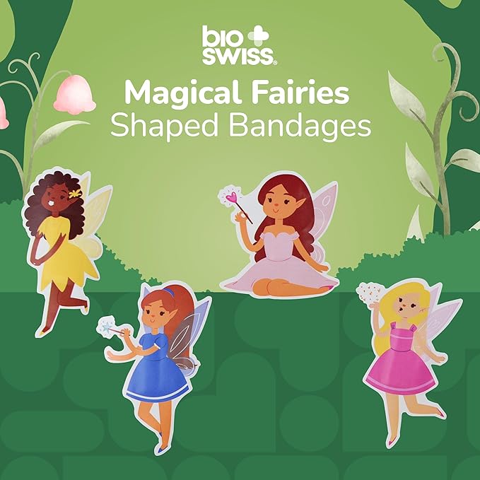 BioSwiss Bandages, Magical Fairies Shaped Self Adhesive Bandage, Latex Free Sterile Wound Care, Fun First Aid Kit Supplies for Kids and Adults, 24 Count-CubbioJoy