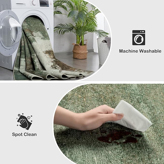 Kelarea Living Room Rug, 9x12 Rug Modern Abstract Washable Rugs, Green Vintage Low Pile Carpet, Non Slip Large Rugs for Bedroom, Dining Room, College Dorm, Home Office-CubbioJoy