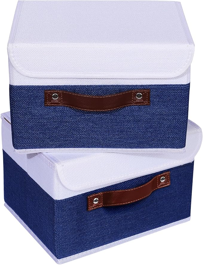 ANMINY 4PCS Storage Boxes with Lid Washable Decorative Storage Bin Basket with PU Leather Handle Foldable Linen Fabric Storage Cube Container for Home Closet Organizer - Deep Blue White, Small Size-CubbioJoy