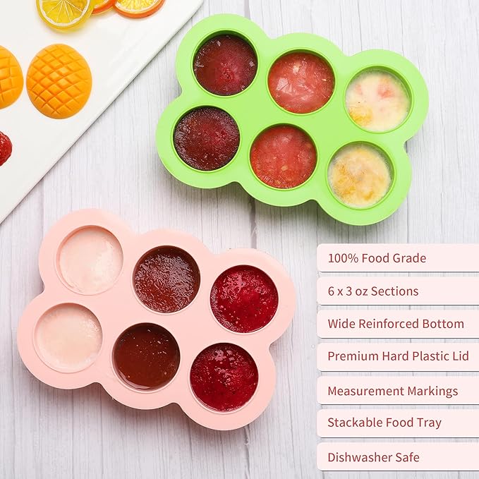 6x3oz Baby Food Freezer Tray with Clip on Lid Gossamer Pink | Leakproof Freezer Molds Silicone Storage Container for Purees Fruits Vegetables-CubbioJoy