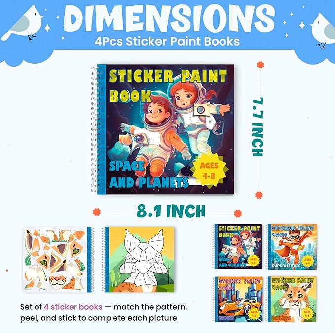 BulbaCraft 4Pcs Sticker Paint Books for Boys - Sticker Books by Number with Superheroes, Trucks, Animals and Space - Coloring Activity for Kids-CubbioJoy