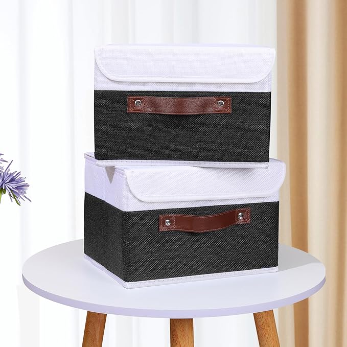 ANMINY 2PCS Storage Boxes with Lid Washable Decorative Storage Bins Basket with PU Leather Handle Foldable Linen Fabric Storage Cubes Containers for Home Closet Organizer - Black White, Small Size-CubbioJoy