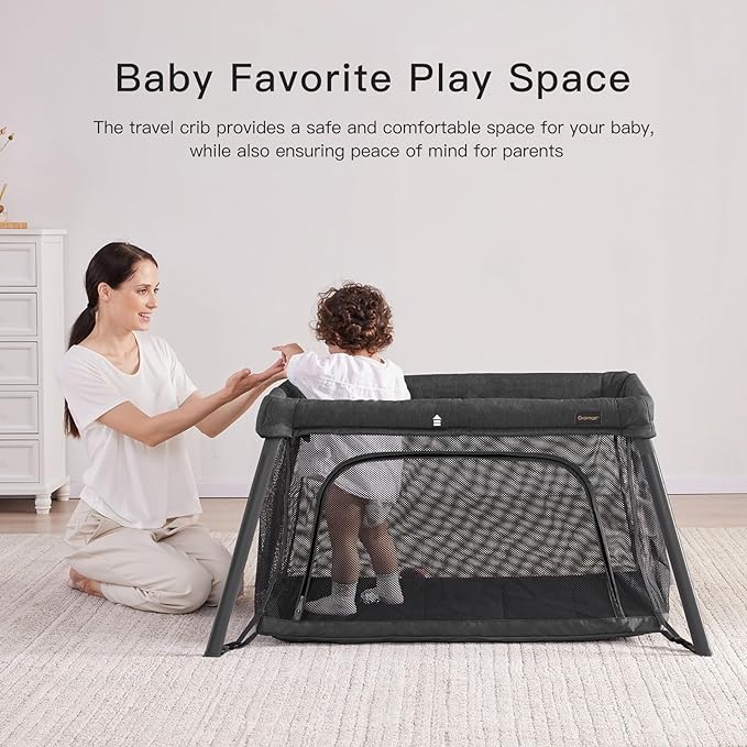 2 in 1 Portable Travel Crib for Toddler, Foldable Crib for Baby, Lightweight Playpen Collapsible Playard with Soft Mattress, Easy to Carry Baby Travel Bed for Outdoor, Indoor (Black)-CubbioJoy
