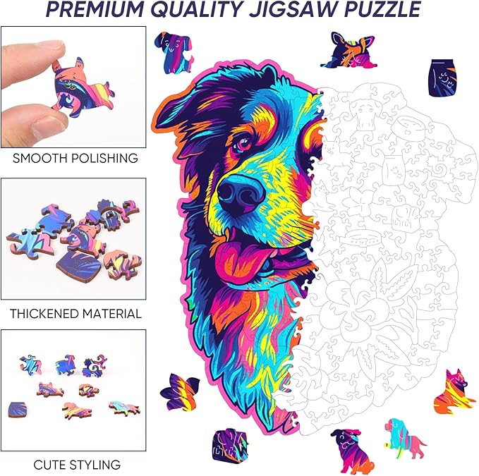 Australian Shepherd Dogs Wooden Puzzle 500pcs Stained Colorful Art Painting Wooden Puzzle for Kids Adults, Birthday Mother's Father's Day Christmas for Dad Mom Son Daughter(14.9 * 17.1in)-CubbioJoy