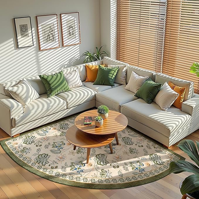 jinchan Floral Corner Rug for Kitchen Washable Nursery Rug Vintage Romance Design Non Slip Quarter Circle Lightweight Low-Pile Throw Carpet for Playroom Reading Nook Office, 5ft Radius, Green/Beige-CubbioJoy