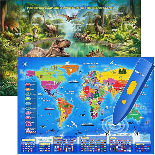 Bilingual Interactive Kids Talking World Map & Dinosaur Poster for Kids Learning and Educational Toys, Talking Educational Toys for 3 to 12 Years Old Girls/Boys, Preschool Learning Chart-CubbioJoy